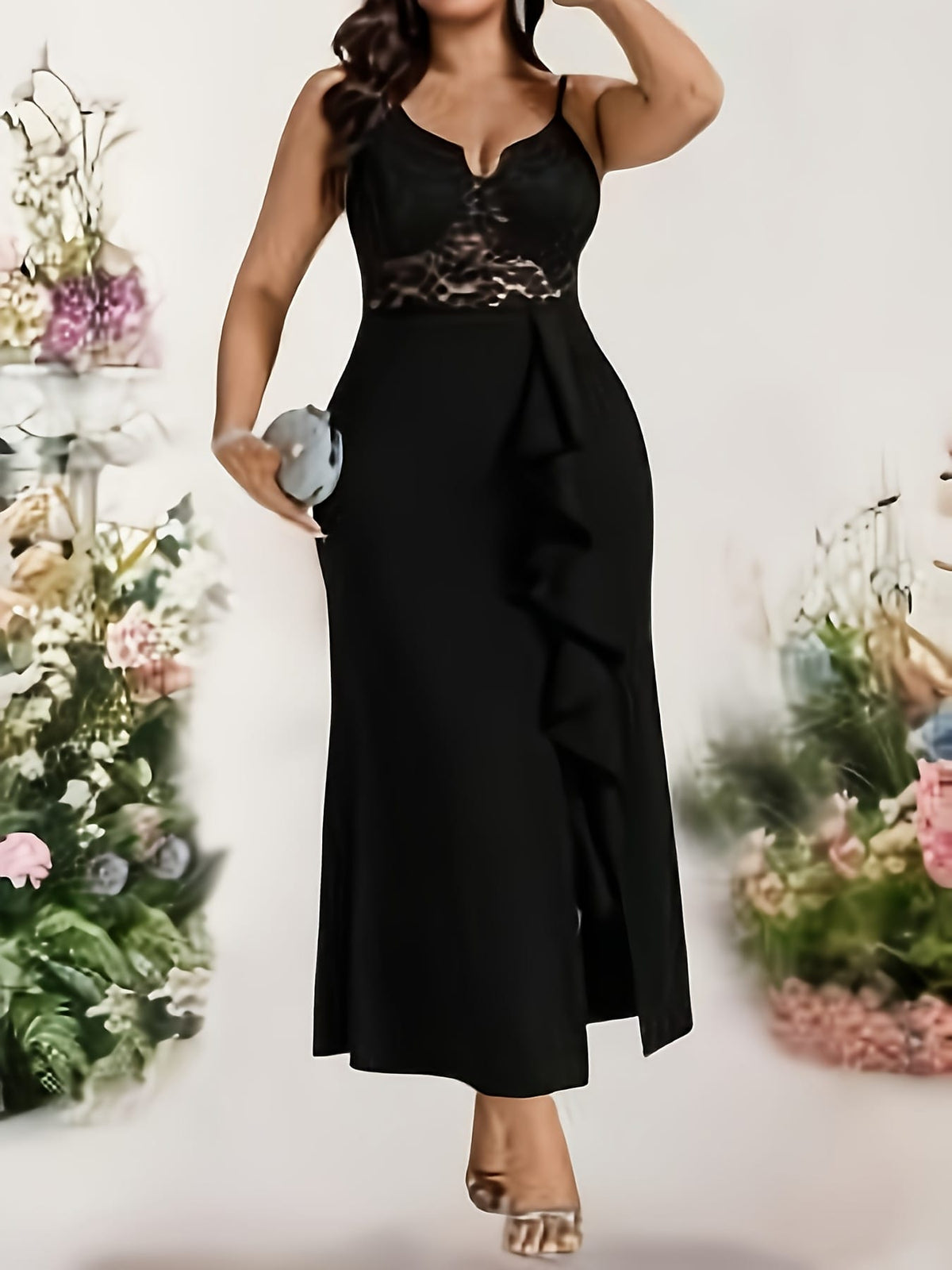 jkthpu-45 Plus Size - Plus Size - Plus Size - Elegant Plus Size Black Lace-Trimmed V-Neck Maxi Dress with Ruffle Hem and Side Slit - Sleeveless, Flowing Design for Women, Perfect for Spring/Summer Events, Formal Evening Wear | Ruffle Hem Dress | Lace Trim Detail, P