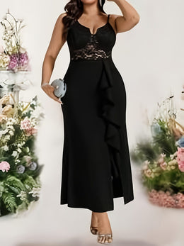 jkthpu-45 Plus Size - Plus Size - Plus Size - Elegant Plus Size Black Lace-Trimmed V-Neck Maxi Dress with Ruffle Hem and Side Slit - Sleeveless, Flowing Design for Women, Perfect for Spring/Summer Events, Formal Evening Wear | Ruffle Hem Dress | Lace Trim Detail, P