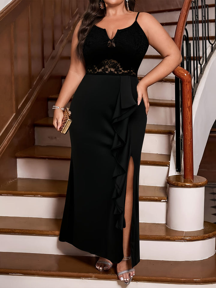 Plus Size - Plus Size - Plus Size - Elegant Plus Size Black Lace-Trimmed V-Neck Maxi Dress with Ruffle Hem and Side Slit - Sleeveless, Flowing Design for Women, Perfect for Spring/Summer Events, Formal Evening Wear | Ruffle Hem Dress | Lace Trim Detail, P