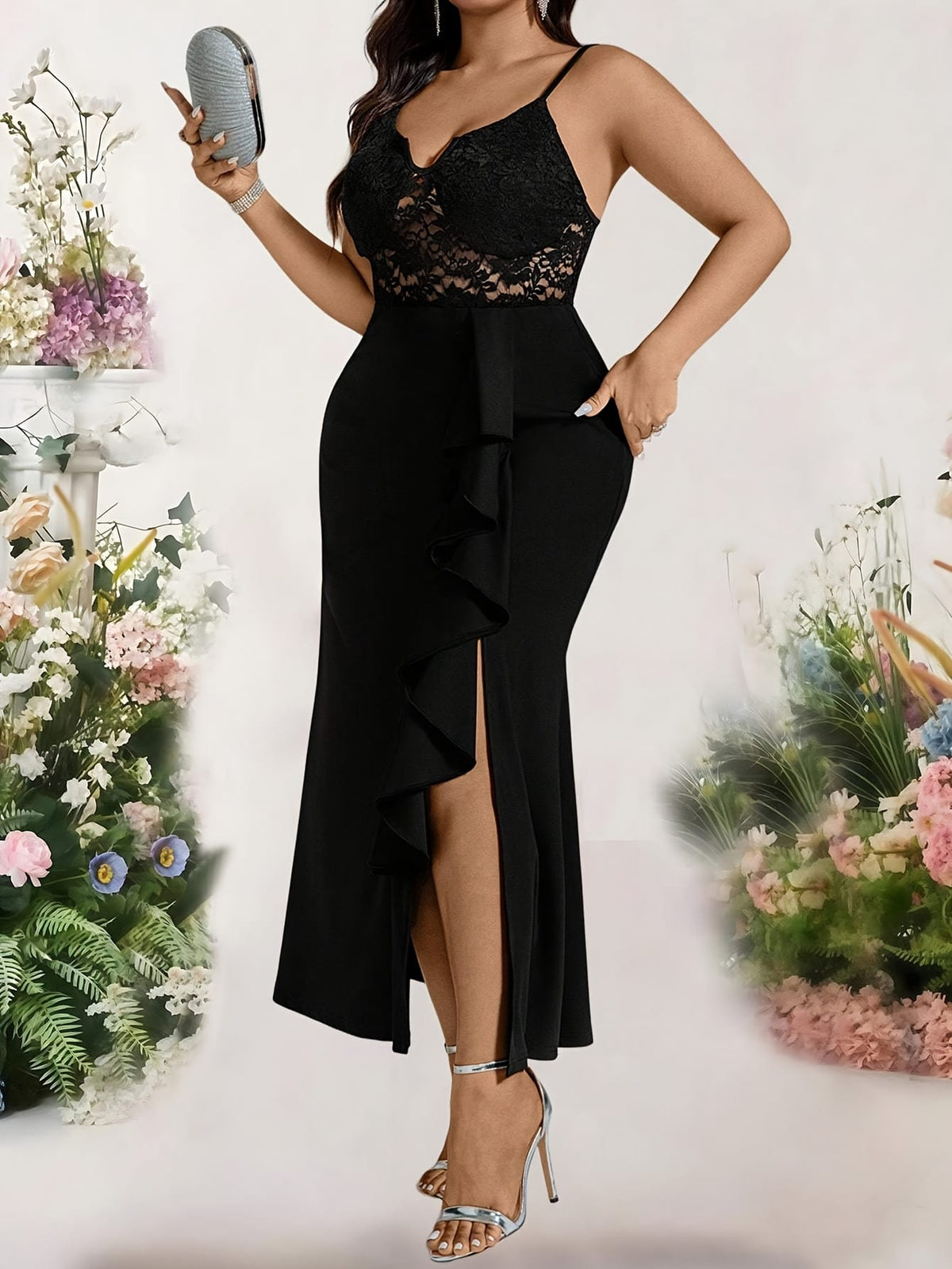 jkthpu-45 Plus Size - Plus Size - Plus Size - Elegant Plus Size Black Lace-Trimmed V-Neck Maxi Dress with Ruffle Hem and Side Slit - Sleeveless, Flowing Design for Women, Perfect for Spring/Summer Events, Formal Evening Wear | Ruffle Hem Dress | Lace Trim Detail, P