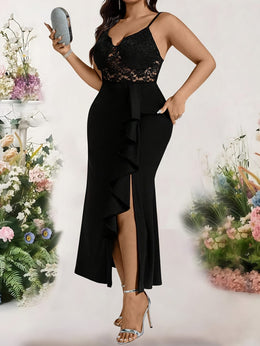 jkthpu-45 Plus Size - Plus Size - Plus Size - Elegant Plus Size Black Lace-Trimmed V-Neck Maxi Dress with Ruffle Hem and Side Slit - Sleeveless, Flowing Design for Women, Perfect for Spring/Summer Events, Formal Evening Wear | Ruffle Hem Dress | Lace Trim Detail, P