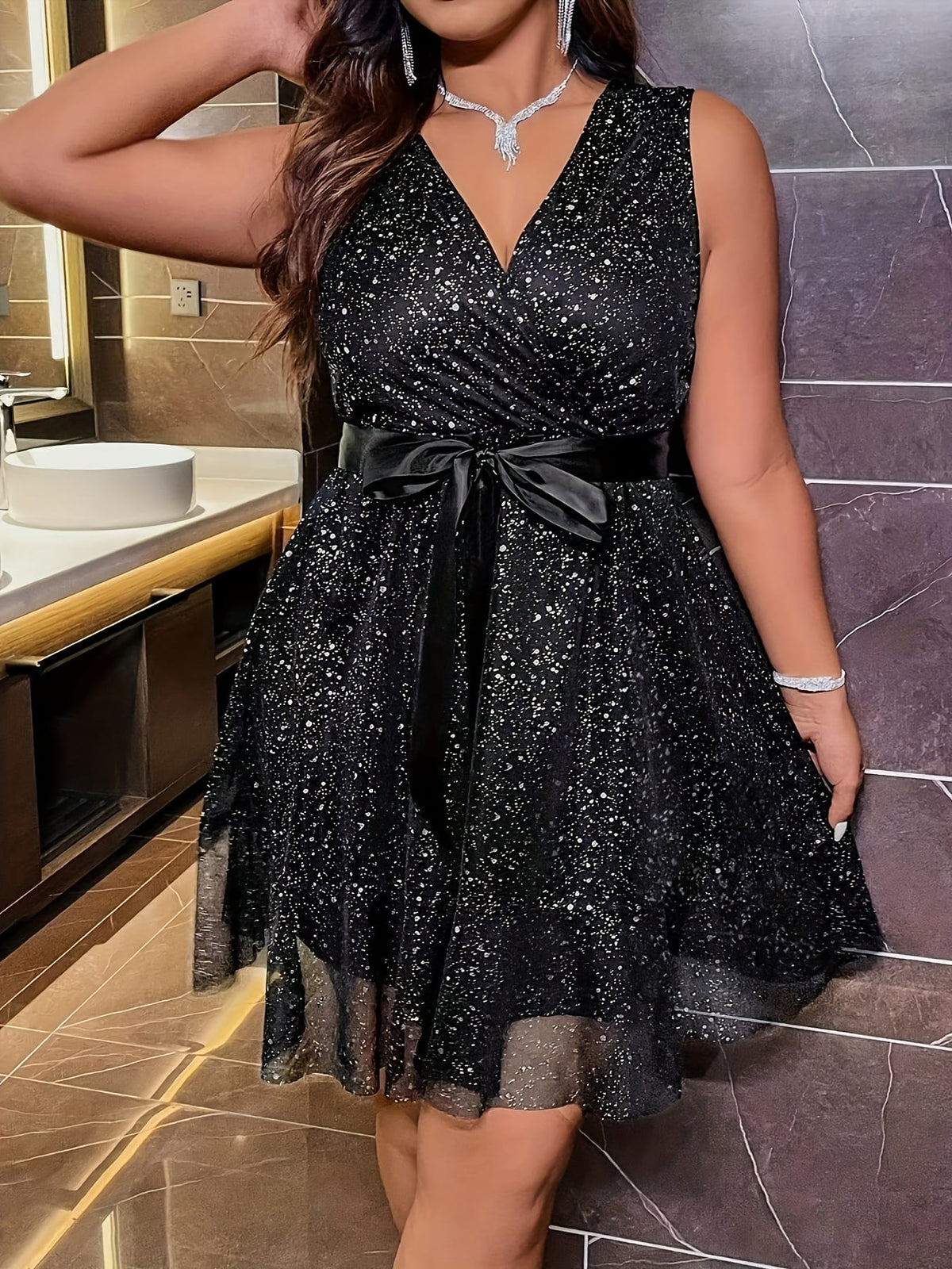 jkthpu-45 Plus Size - Plus Size - Plus Size - Elegant Plus Size Black Sequin Dress with Deep V-Neck and Ruched Waist - Sleeveless, Knee-Length, Perfect for Spring/Summer Parties and Events, Party Dress | Ruched Waist Dress | Stretchy Fabric, Plu Size Elegant Dres,