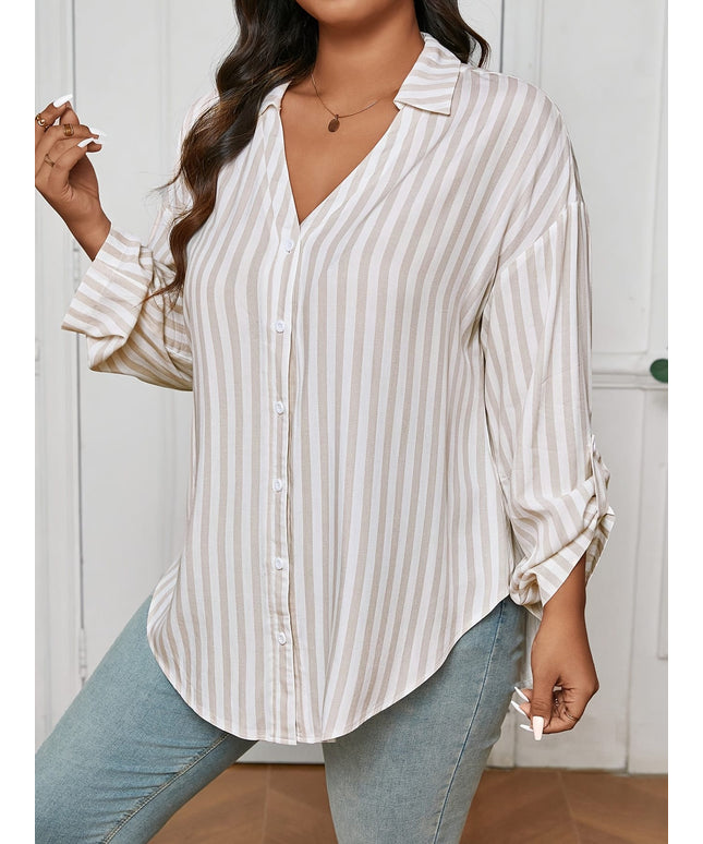 KissICON Plus Size - Plus Size - Plus Size - Elegant Plus Size Striped Long Sleeve Shirt - Chic Button-Up with Asymmetrical Hem, Drop Shoulder Design, and Ruffled Cuffs for Women, Perfect for Spring and Fall Casual Wear, Casual Wear S