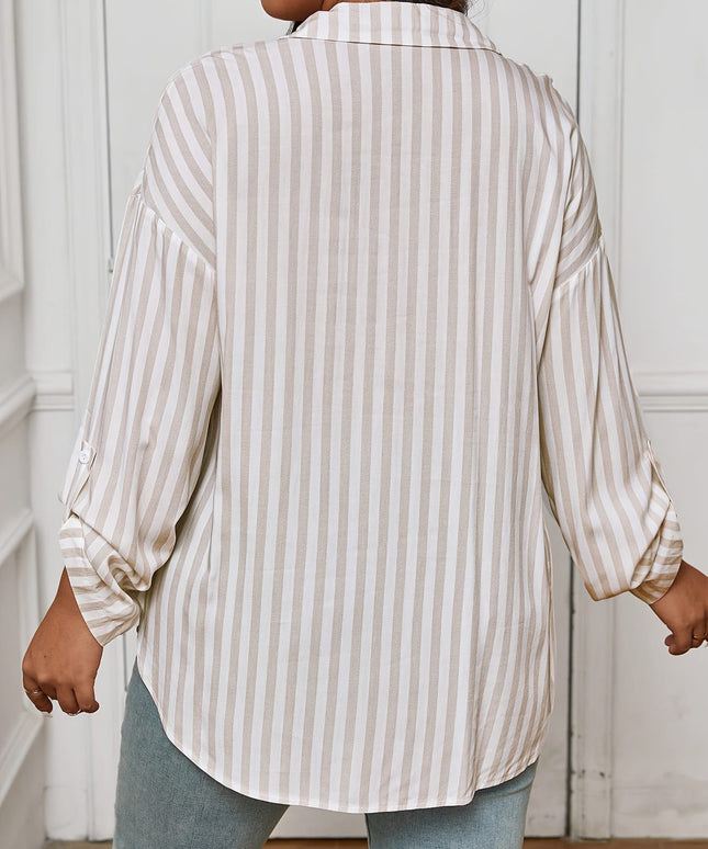 KissICON Plus Size - Plus Size - Plus Size - Elegant Plus Size Striped Long Sleeve Shirt - Chic Button-Up with Asymmetrical Hem, Drop Shoulder Design, and Ruffled Cuffs for Women, Perfect for Spring and Fall Casual Wear, Casual Wear S