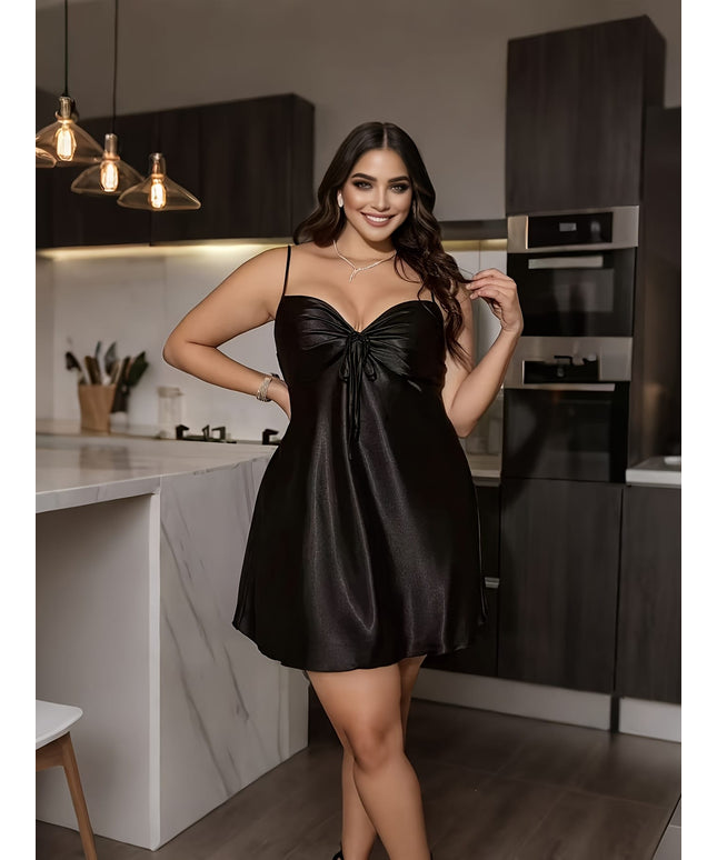 jkthpu-45 Plus Size - Plus Size - Plus Size - Elegant Plus Size V-Neck Bow Detail Sleeveless Mini Dress - Stretchy Solid Color Black, Form-Fitting Bodice & Flowy Skirt for Spring Summer Fall, Versatile Casual to Formal Wear, Seasonal Fashion, Sophisticated Style, S