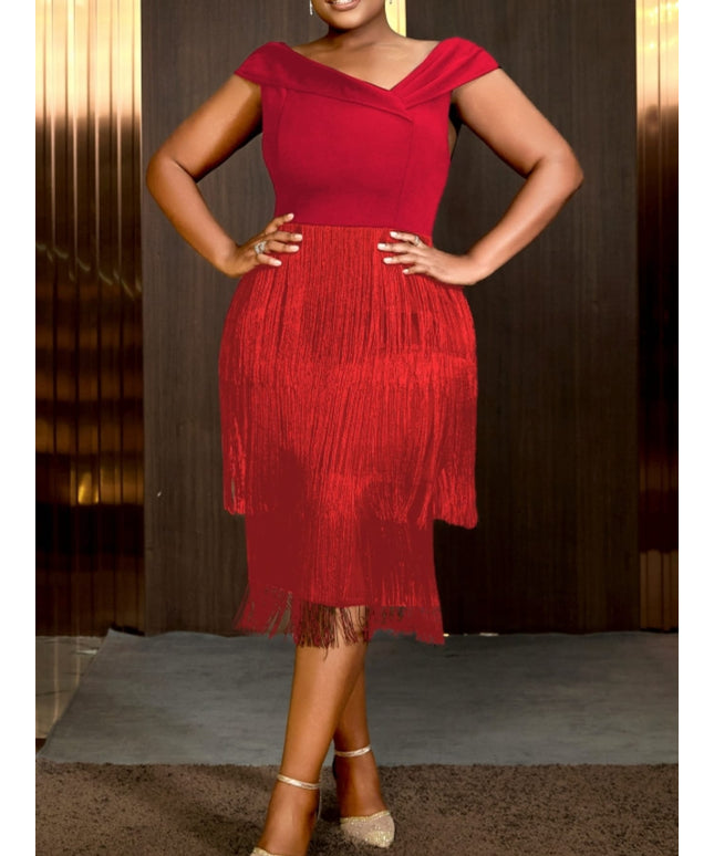 jkthpu-45 Plus Size - Plus Size - Plus Size - Elegant Red Off-Shoulder Tassel Midi Dress for Women - Asymmetrical Neckline, Short Puff Sleeves, Bodycon Fit, Perfect for Parties, Birthdays, and Formal Events, Formal Event Attire|Asymmetrical Neckline Dress|Sleek Fit