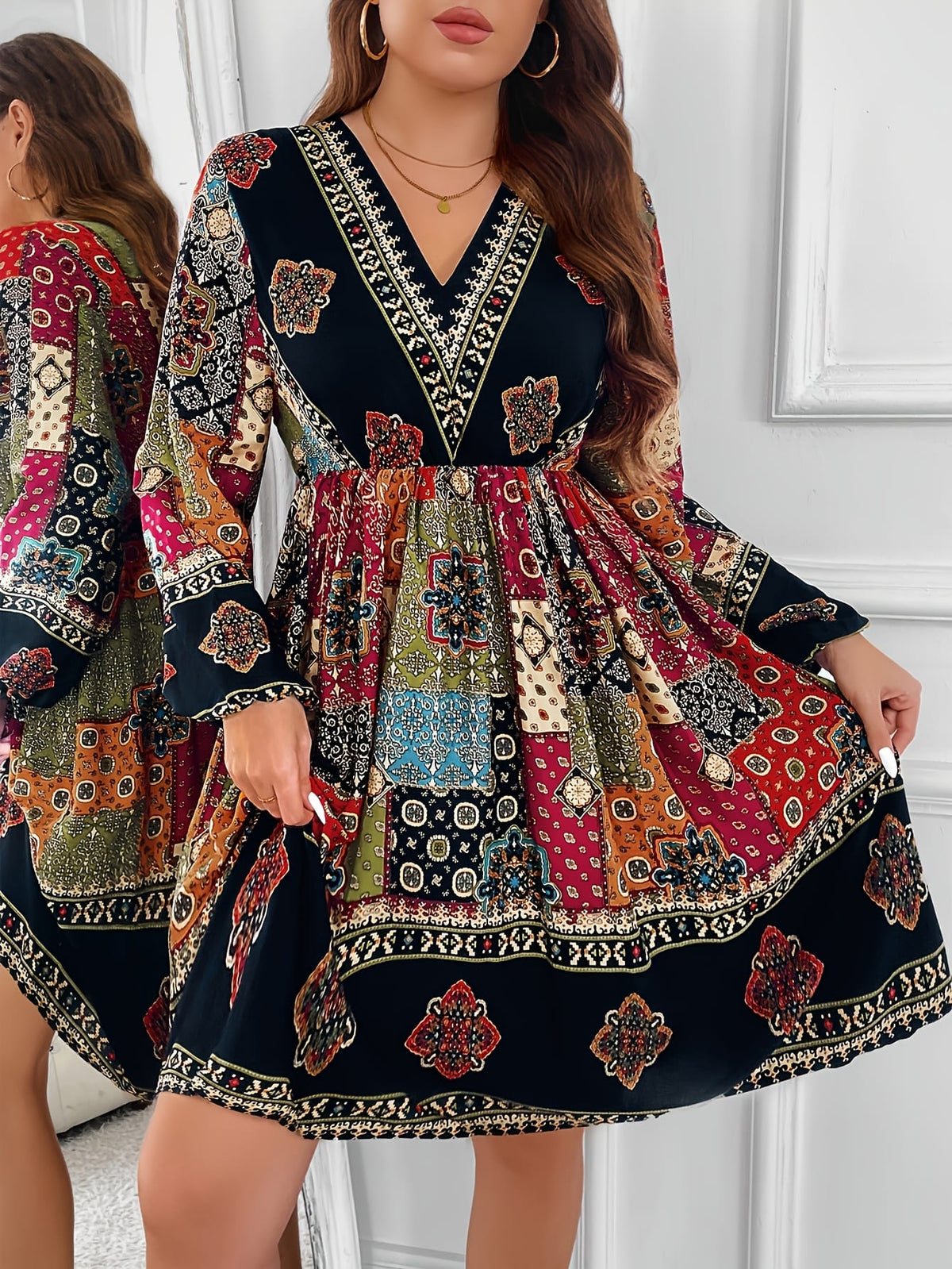 jkthpu-45 Plus Size - Plus Size - Plus Size - Plus Size Bohemian V-Neck Dress with Lantern Sleeves - Vibrant Geometric Pattern, Flared Skirt, Non-Stretch Fabric, All-Season Elegant Style for Women, Bohemian Dress, Plus Size Women Elegant Dress, Wedding Dress, Maxi