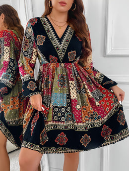 jkthpu-45 Plus Size - Plus Size - Plus Size - Plus Size Bohemian V-Neck Dress with Lantern Sleeves - Vibrant Geometric Pattern, Flared Skirt, Non-Stretch Fabric, All-Season Elegant Style for Women, Bohemian Dress, Plus Size Women Elegant Dress, Wedding Dress, Maxi