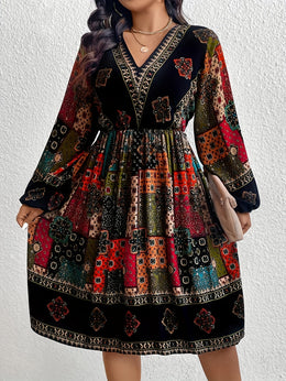 jkthpu-45 Plus Size - Plus Size - Plus Size - Plus Size Bohemian V-Neck Dress with Lantern Sleeves - Vibrant Geometric Pattern, Flared Skirt, Non-Stretch Fabric, All-Season Elegant Style for Women, Bohemian Dress, Plus Size Women Elegant Dress, Wedding Dress, Maxi