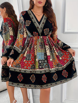 jkthpu-45 Plus Size - Plus Size - Plus Size - Plus Size Bohemian V-Neck Dress with Lantern Sleeves - Vibrant Geometric Pattern, Flared Skirt, Non-Stretch Fabric, All-Season Elegant Style for Women, Bohemian Dress, Plus Size Women Elegant Dress, Wedding Dress, Maxi
