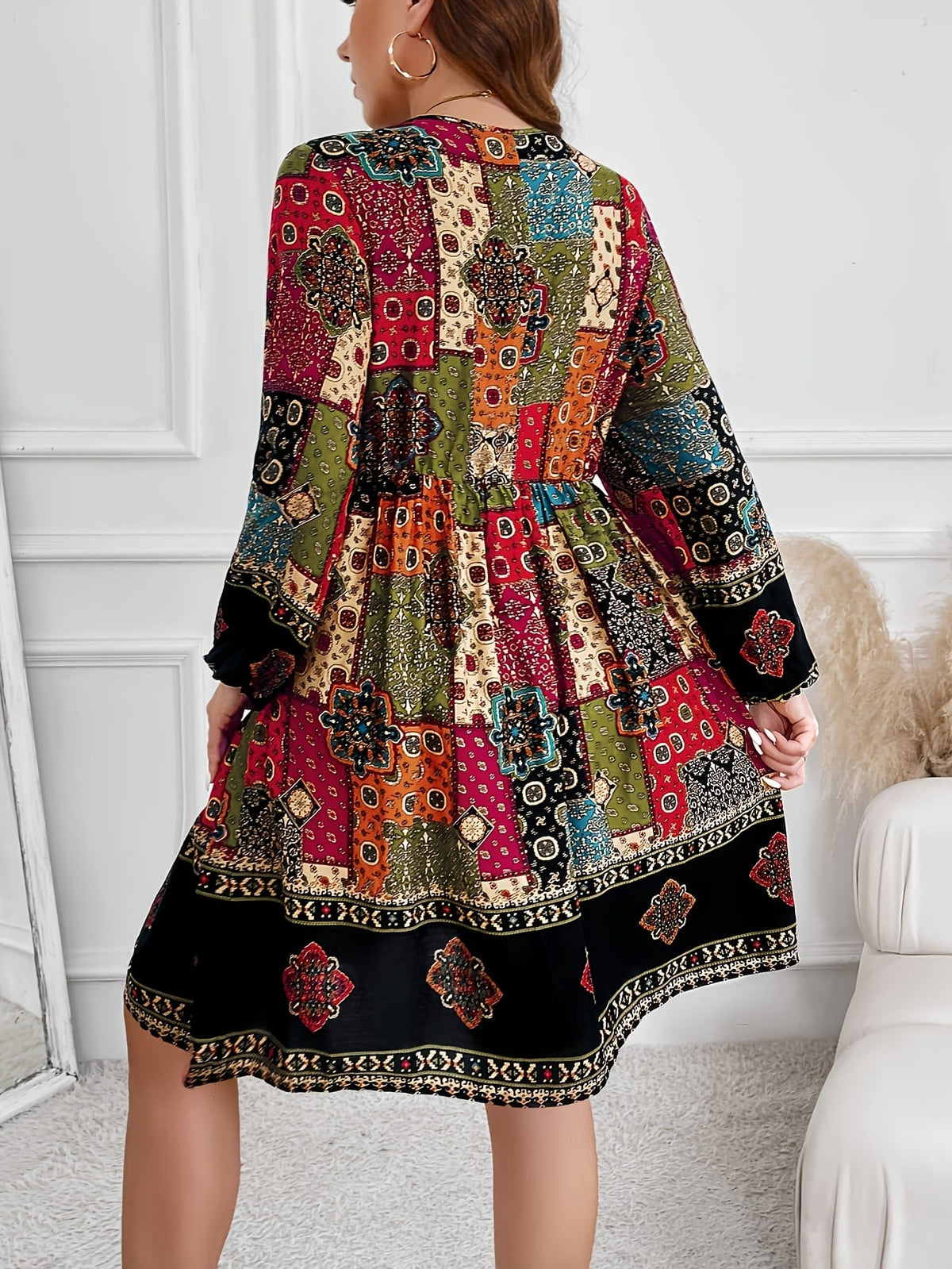 jkthpu-45 Plus Size - Plus Size - Plus Size - Plus Size Bohemian V-Neck Dress with Lantern Sleeves - Vibrant Geometric Pattern, Flared Skirt, Non-Stretch Fabric, All-Season Elegant Style for Women, Bohemian Dress, Plus Size Women Elegant Dress, Wedding Dress, Maxi