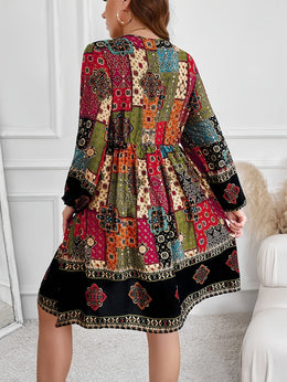 jkthpu-45 Plus Size - Plus Size - Plus Size - Plus Size Bohemian V-Neck Dress with Lantern Sleeves - Vibrant Geometric Pattern, Flared Skirt, Non-Stretch Fabric, All-Season Elegant Style for Women, Bohemian Dress, Plus Size Women Elegant Dress, Wedding Dress, Maxi