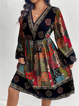 jkthpu-45 Plus Size - Plus Size - Plus Size - Plus Size Bohemian V-Neck Dress with Lantern Sleeves - Vibrant Geometric Pattern, Flared Skirt, Non-Stretch Fabric, All-Season Elegant Style for Women, Bohemian Dress, Plus Size Women Elegant Dress, Wedding Dress, Maxi