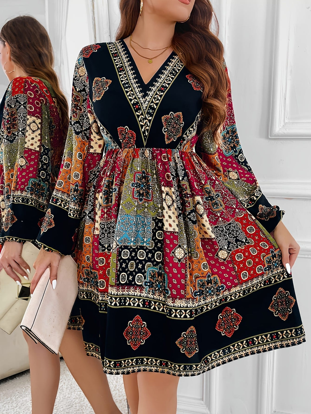 jkthpu-45 Plus Size - Plus Size - Plus Size - Plus Size Bohemian V-Neck Dress with Lantern Sleeves - Vibrant Geometric Pattern, Flared Skirt, Non-Stretch Fabric, All-Season Elegant Style for Women, Bohemian Dress, Plus Size Women Elegant Dress, Wedding Dress, Maxi