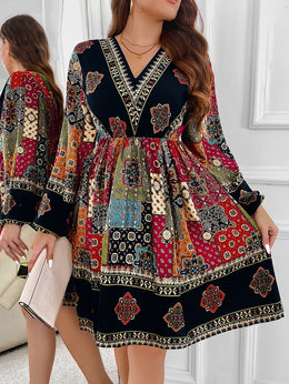 jkthpu-45 Plus Size - Plus Size - Plus Size - Plus Size Bohemian V-Neck Dress with Lantern Sleeves - Vibrant Geometric Pattern, Flared Skirt, Non-Stretch Fabric, All-Season Elegant Style for Women, Bohemian Dress, Plus Size Women Elegant Dress, Wedding Dress, Maxi