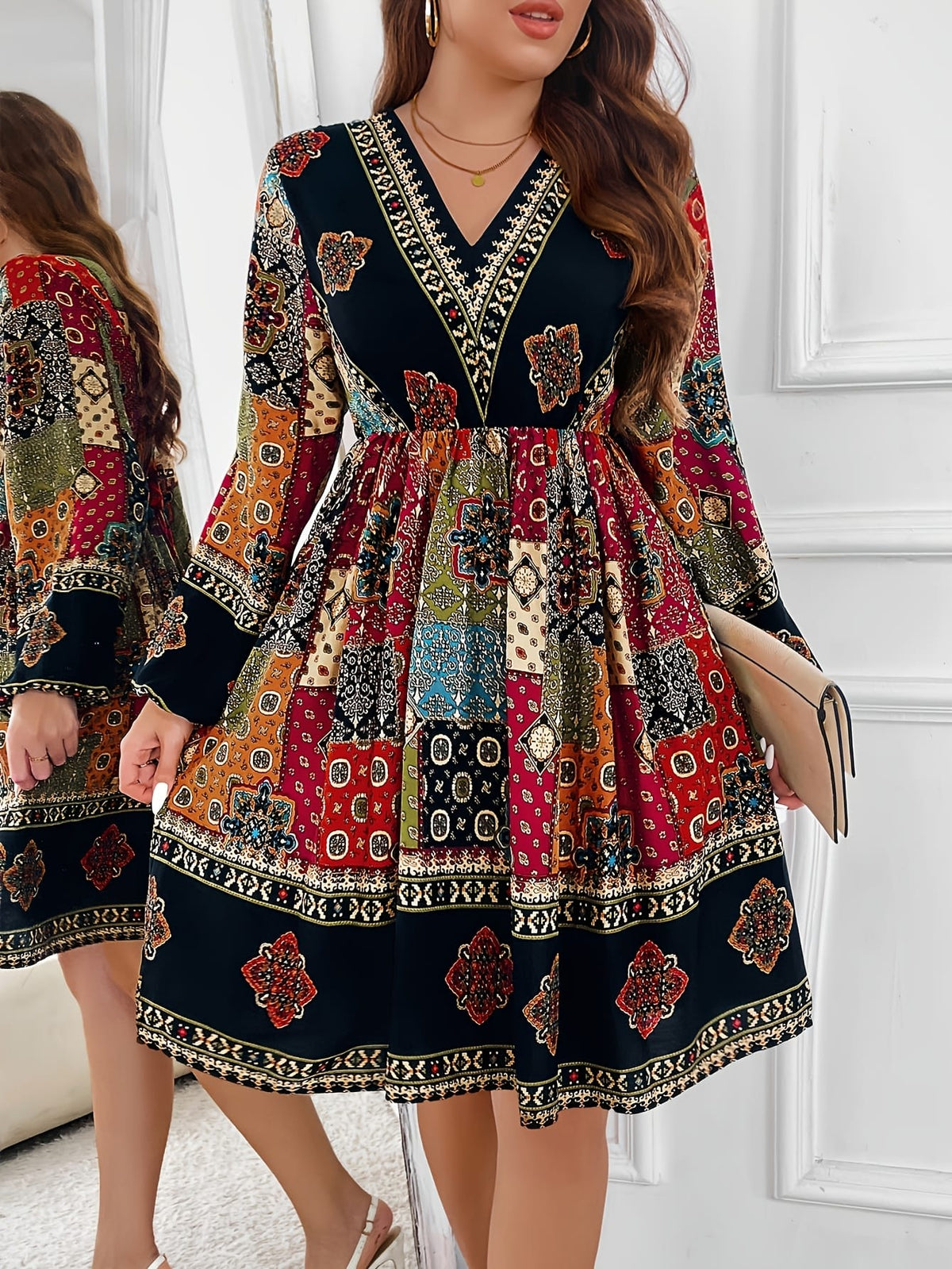 jkthpu-45 Plus Size - Plus Size - Plus Size - Plus Size Bohemian V-Neck Dress with Lantern Sleeves - Vibrant Geometric Pattern, Flared Skirt, Non-Stretch Fabric, All-Season Elegant Style for Women, Bohemian Dress, Plus Size Women Elegant Dress, Wedding Dress, Maxi