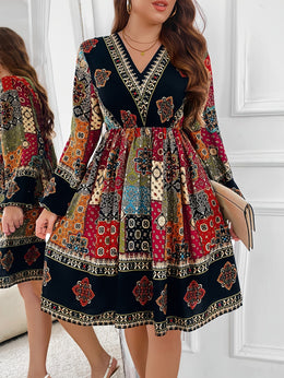 jkthpu-45 Plus Size - Plus Size - Plus Size - Plus Size Bohemian V-Neck Dress with Lantern Sleeves - Vibrant Geometric Pattern, Flared Skirt, Non-Stretch Fabric, All-Season Elegant Style for Women, Bohemian Dress, Plus Size Women Elegant Dress, Wedding Dress, Maxi