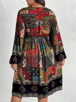 jkthpu-45 Plus Size - Plus Size - Plus Size - Plus Size Bohemian V-Neck Dress with Lantern Sleeves - Vibrant Geometric Pattern, Flared Skirt, Non-Stretch Fabric, All-Season Elegant Style for Women, Bohemian Dress, Plus Size Women Elegant Dress, Wedding Dress, Maxi