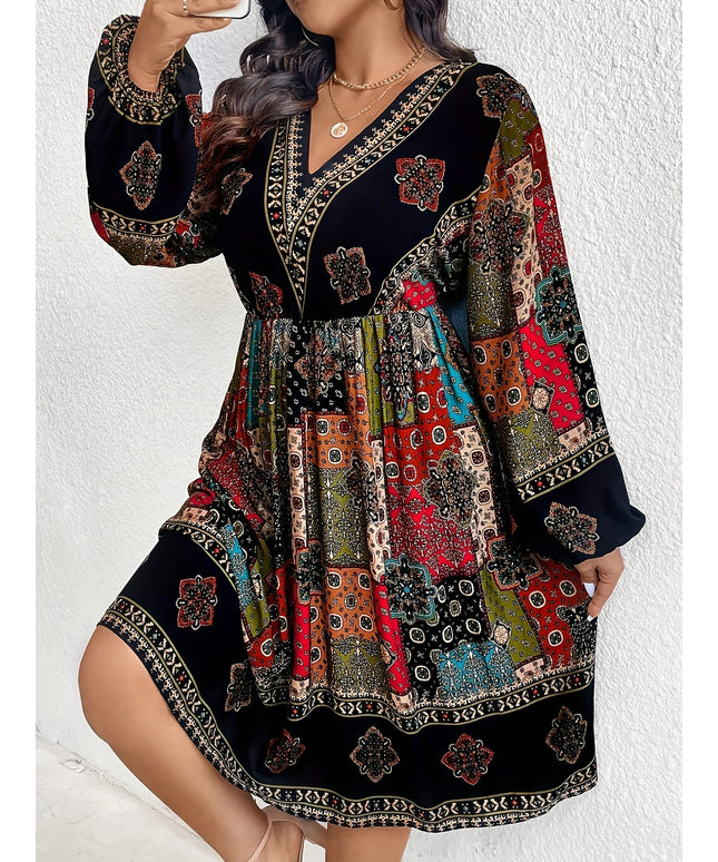 jkthpu-45 Plus Size - Plus Size - Plus Size - Plus Size Bohemian V-Neck Dress with Lantern Sleeves - Vibrant Geometric Pattern, Flared Skirt, Non-Stretch Fabric, All-Season Elegant Style for Women, Bohemian Dress, Plus Size Women Elegant Dress, Wedding Dress, Maxi