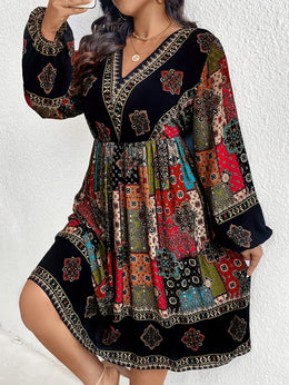jkthpu-45 Plus Size - Plus Size - Plus Size - Plus Size Bohemian V-Neck Dress with Lantern Sleeves - Vibrant Geometric Pattern, Flared Skirt, Non-Stretch Fabric, All-Season Elegant Style for Women, Bohemian Dress, Plus Size Women Elegant Dress, Wedding Dress, Maxi