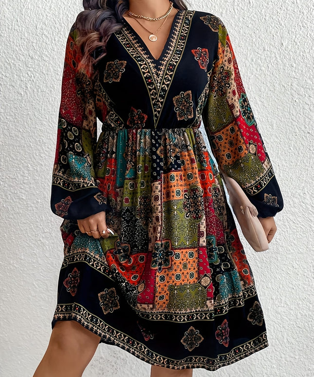 jkthpu-45 Plus Size - Plus Size - Plus Size - Plus Size Bohemian V-Neck Dress with Lantern Sleeves - Vibrant Geometric Pattern, Flared Skirt, Non-Stretch Fabric, All-Season Elegant Style for Women, Bohemian Dress, Plus Size Women Elegant Dress, Wedding Dress, Maxi