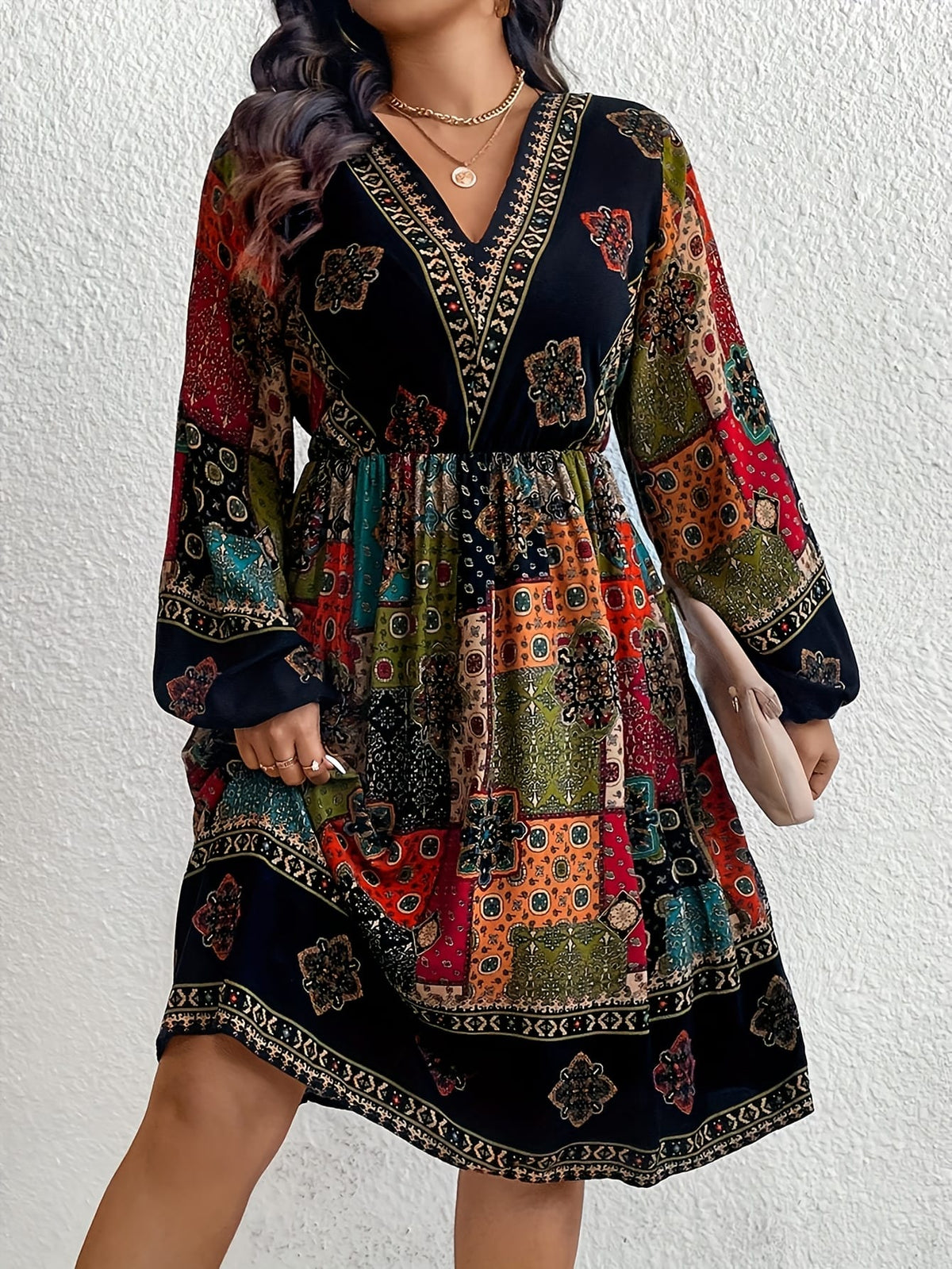 jkthpu-45 Plus Size - Plus Size - Plus Size - Plus Size Bohemian V-Neck Dress with Lantern Sleeves - Vibrant Geometric Pattern, Flared Skirt, Non-Stretch Fabric, All-Season Elegant Style for Women, Bohemian Dress, Plus Size Women Elegant Dress, Wedding Dress, Maxi