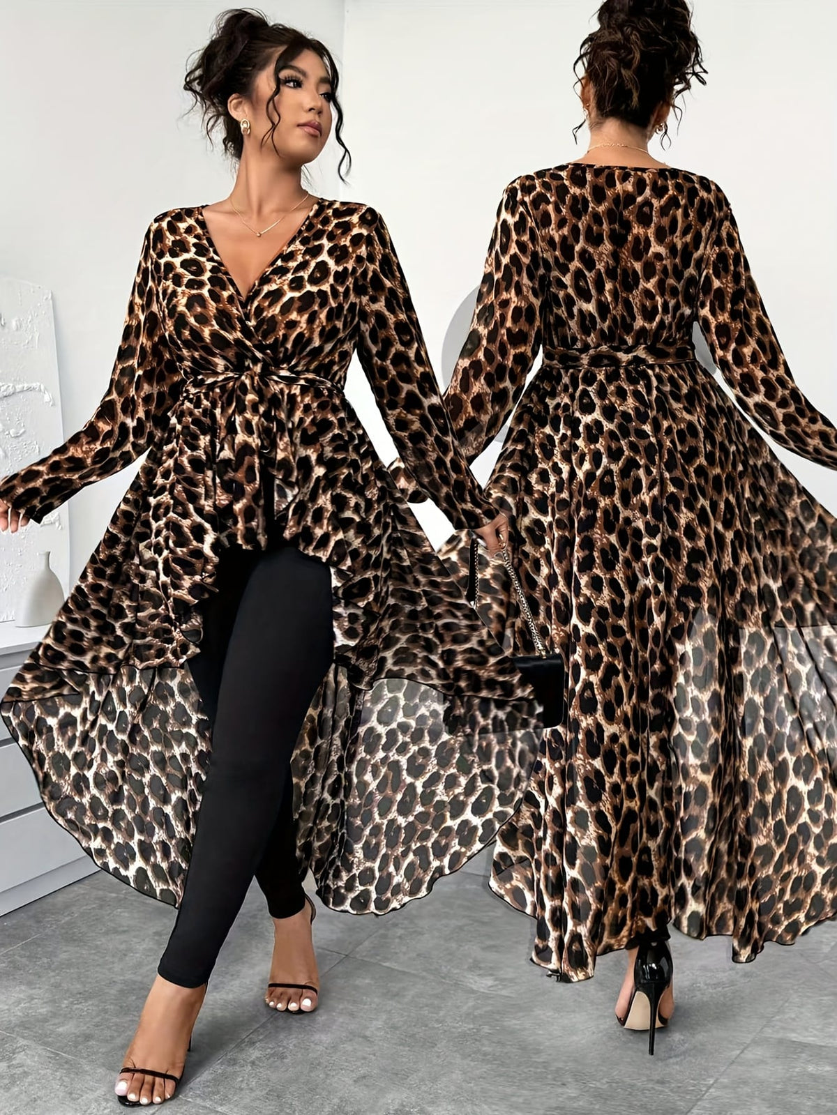 jkthpu-45 Plus Size - Plus Size - Plus Size - Plus Size, Women'S Elegant Floral Print Dress Set - Long Sleeve, V-Neck, Flowy Maxi Dress with Tie Waist, Black & White Floral Pattern, Perfect for Spring/Summer/Fall, Casual to Formal Wear, Casual Attire|Vneck Dress| F