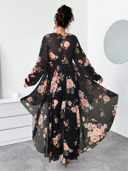 jkthpu-45 Plus Size - Plus Size - Plus Size - Plus Size, Women'S Elegant Floral Print Dress Set - Long Sleeve, V-Neck, Flowy Maxi Dress with Tie Waist, Black & White Floral Pattern, Perfect for Spring/Summer/Fall, Casual to Formal Wear, Casual Attire|Vneck Dress| F