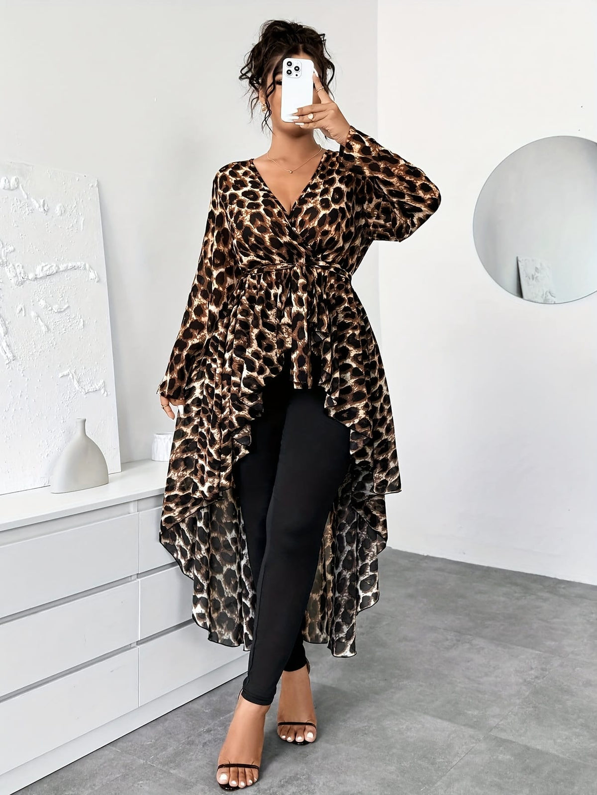 jkthpu-45 Plus Size - Plus Size - Plus Size - Plus Size, Women'S Elegant Floral Print Dress Set - Long Sleeve, V-Neck, Flowy Maxi Dress with Tie Waist, Black & White Floral Pattern, Perfect for Spring/Summer/Fall, Casual to Formal Wear, Casual Attire|Vneck Dress| F