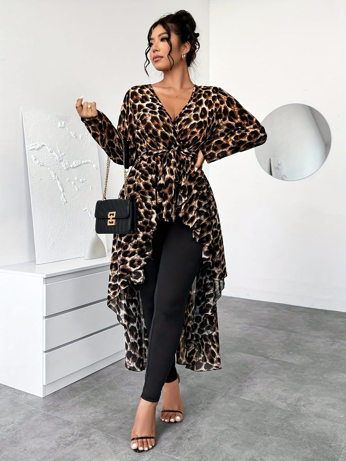 jkthpu-45 Plus Size - Plus Size - Plus Size - Plus Size, Women'S Elegant Floral Print Dress Set - Long Sleeve, V-Neck, Flowy Maxi Dress with Tie Waist, Black & White Floral Pattern, Perfect for Spring/Summer/Fall, Casual to Formal Wear, Casual Attire|Vneck Dress| F