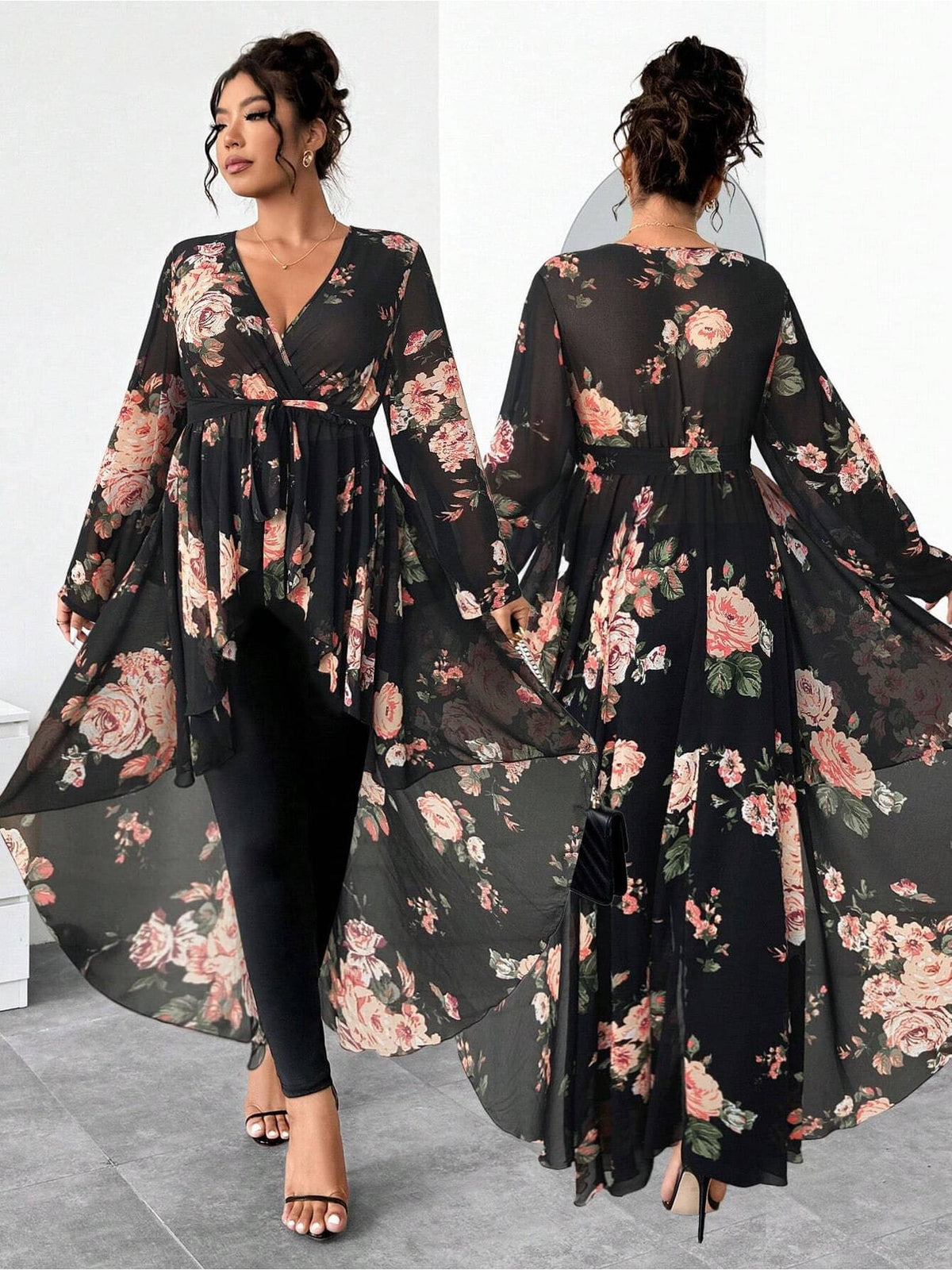 jkthpu-45 Plus Size - Plus Size - Plus Size - Plus Size, Women'S Elegant Floral Print Dress Set - Long Sleeve, V-Neck, Flowy Maxi Dress with Tie Waist, Black & White Floral Pattern, Perfect for Spring/Summer/Fall, Casual to Formal Wear, Casual Attire|Vneck Dress| F