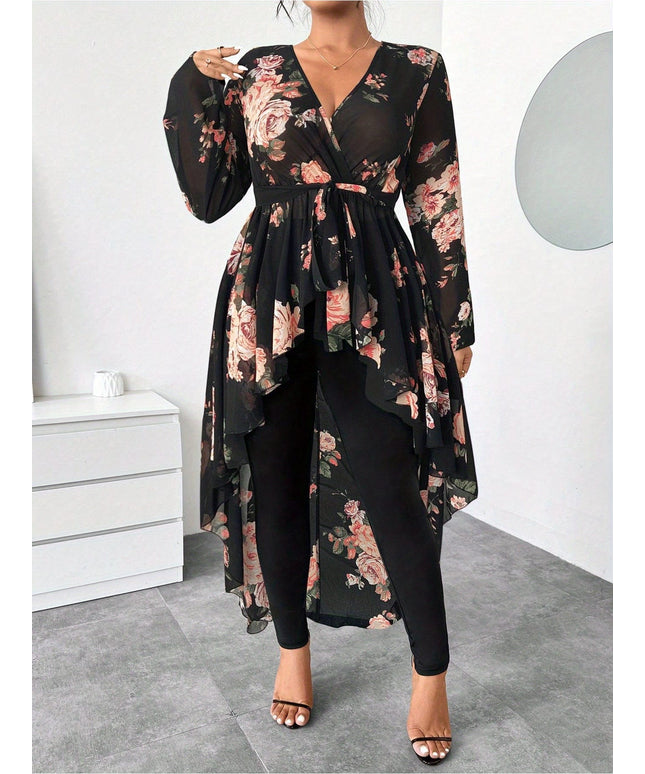 jkthpu-45 Plus Size - Plus Size - Plus Size - Plus Size, Women'S Elegant Floral Print Dress Set - Long Sleeve, V-Neck, Flowy Maxi Dress with Tie Waist, Black & White Floral Pattern, Perfect for Spring/Summer/Fall, Casual to Formal Wear, Casual Attire|Vneck Dress| F