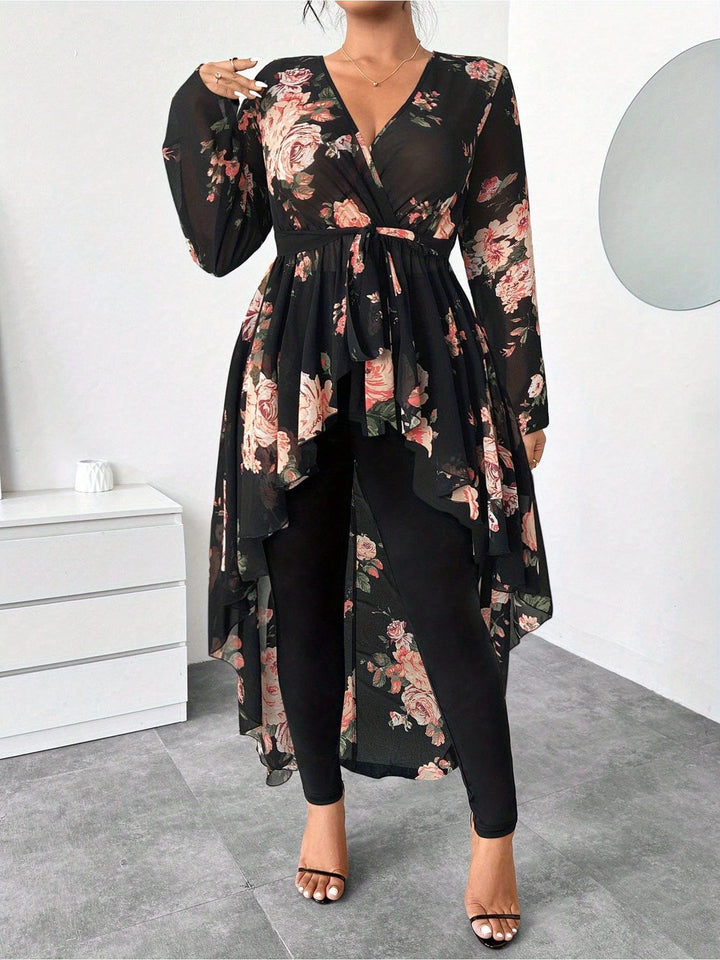 Plus Size - Plus Size - Plus Size - Plus Size, Women'S Elegant Floral Print Dress Set - Long Sleeve, V-Neck, Flowy Maxi Dress with Tie Waist, Black & White Floral Pattern, Perfect for Spring/Summer/Fall, Casual to Formal Wear, Casual Attire|Vneck Dress| F