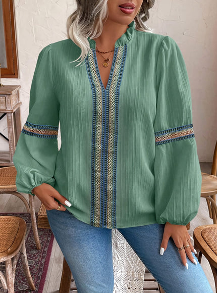 KissICON Plus Size - Plus Size, Plus Size Women'S Casual Vacation Ruffle Hem Notch Collar Lantern Sleeve Color Block Lace Patchwork Shirt Top