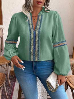 KissICON Plus Size - Plus Size, Plus Size Women'S Casual Vacation Ruffle Hem Notch Collar Lantern Sleeve Color Block Lace Patchwork Shirt Top