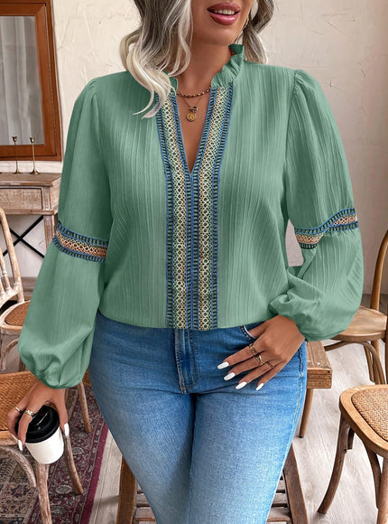 KissICON Plus Size - Plus Size, Plus Size Women'S Casual Vacation Ruffle Hem Notch Collar Lantern Sleeve Color Block Lace Patchwork Shirt Top