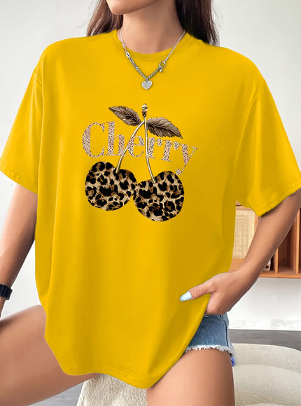 KissICON Plus Size - Plus Size - Plus Size Women'S Cherry Print T-Shirt - Casual Short Sleeve Crew Neck, Stretchy Fabric, Spring/Summer/Fall Fashion Top with Leopard Print Design, Casual Wear | Leopard Print Top | Stretchy Fabric Shir