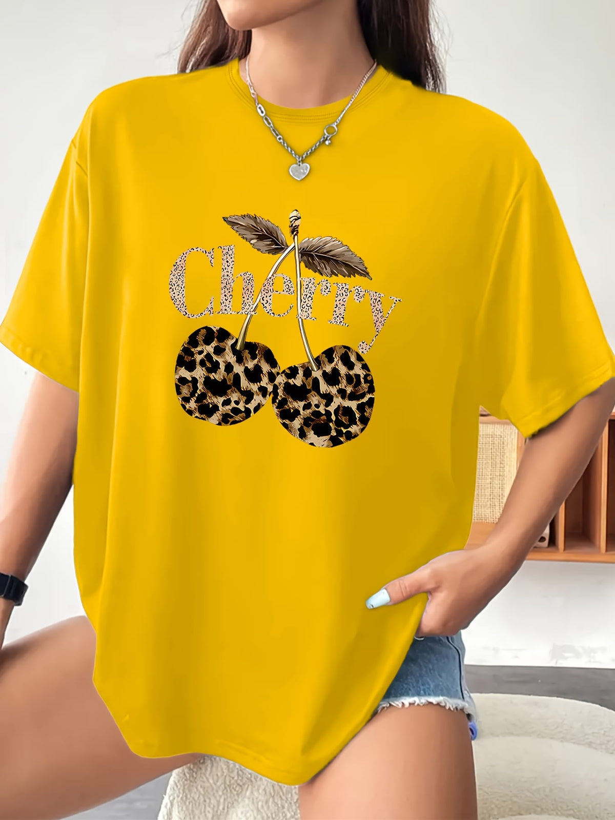 KissICON Plus Size - Plus Size - Plus Size Women'S Cherry Print T-Shirt - Casual Short Sleeve Crew Neck, Stretchy Fabric, Spring/Summer/Fall Fashion Top with Leopard Print Design, Casual Wear | Leopard Print Top | Stretchy Fabric Shir