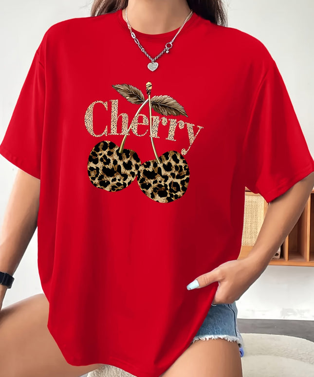 KissICON Plus Size - Plus Size - Plus Size Women'S Cherry Print T-Shirt - Casual Short Sleeve Crew Neck, Stretchy Fabric, Spring/Summer/Fall Fashion Top with Leopard Print Design, Casual Wear | Leopard Print Top | Stretchy Fabric Shir