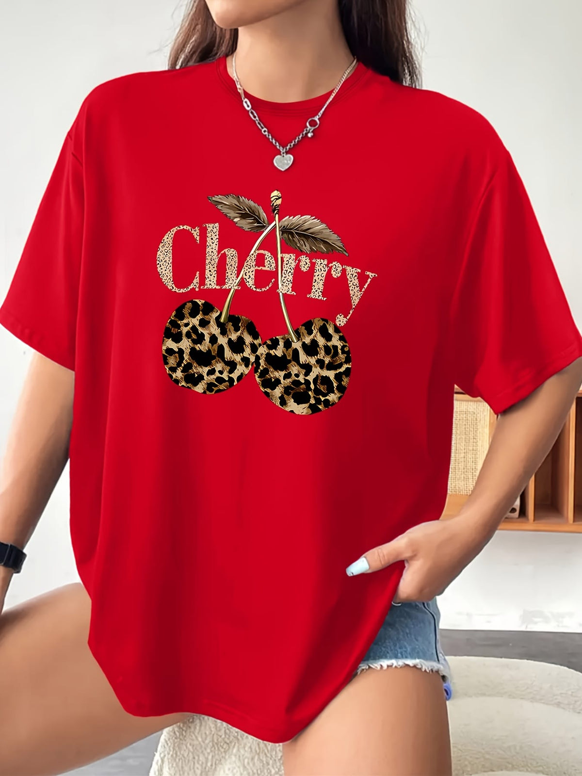 KissICON Plus Size - Plus Size - Plus Size Women'S Cherry Print T-Shirt - Casual Short Sleeve Crew Neck, Stretchy Fabric, Spring/Summer/Fall Fashion Top with Leopard Print Design, Casual Wear | Leopard Print Top | Stretchy Fabric Shir