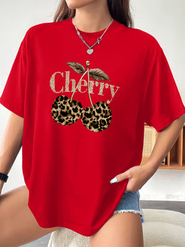 KissICON Plus Size - Plus Size - Plus Size Women'S Cherry Print T-Shirt - Casual Short Sleeve Crew Neck, Stretchy Fabric, Spring/Summer/Fall Fashion Top with Leopard Print Design, Casual Wear | Leopard Print Top | Stretchy Fabric Shir