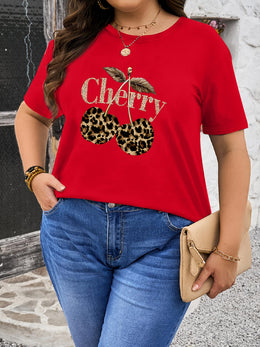 KissICON Plus Size - Plus Size - Plus Size Women'S Cherry Print T-Shirt - Casual Short Sleeve Crew Neck, Stretchy Fabric, Spring/Summer/Fall Fashion Top with Leopard Print Design, Casual Wear | Leopard Print Top | Stretchy Fabric Shir