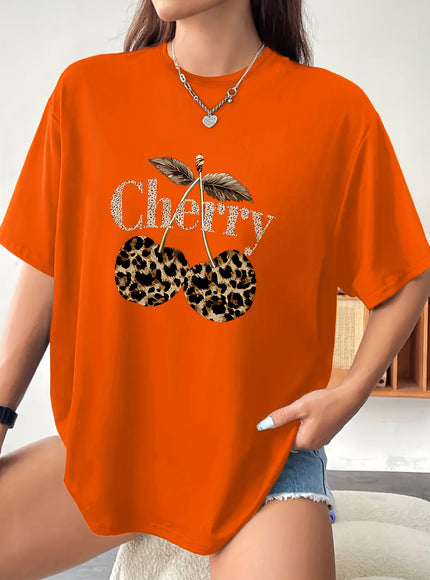 KissICON Plus Size - Plus Size - Plus Size Women'S Cherry Print T-Shirt - Casual Short Sleeve Crew Neck, Stretchy Fabric, Spring/Summer/Fall Fashion Top with Leopard Print Design, Casual Wear | Leopard Print Top | Stretchy Fabric Shir