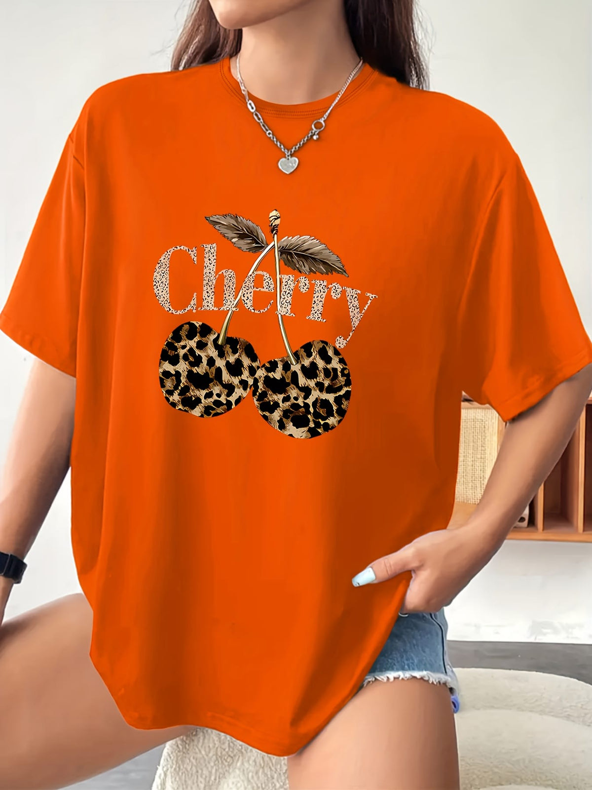 KissICON Plus Size - Plus Size - Plus Size Women'S Cherry Print T-Shirt - Casual Short Sleeve Crew Neck, Stretchy Fabric, Spring/Summer/Fall Fashion Top with Leopard Print Design, Casual Wear | Leopard Print Top | Stretchy Fabric Shir