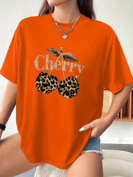 KissICON Plus Size - Plus Size - Plus Size Women'S Cherry Print T-Shirt - Casual Short Sleeve Crew Neck, Stretchy Fabric, Spring/Summer/Fall Fashion Top with Leopard Print Design, Casual Wear | Leopard Print Top | Stretchy Fabric Shir