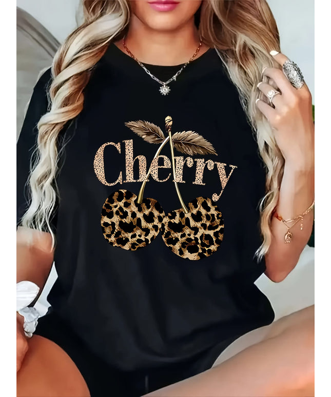 KissICON Plus Size - Plus Size - Plus Size Women'S Cherry Print T-Shirt - Casual Short Sleeve Crew Neck, Stretchy Fabric, Spring/Summer/Fall Fashion Top with Leopard Print Design, Casual Wear | Leopard Print Top | Stretchy Fabric Shir