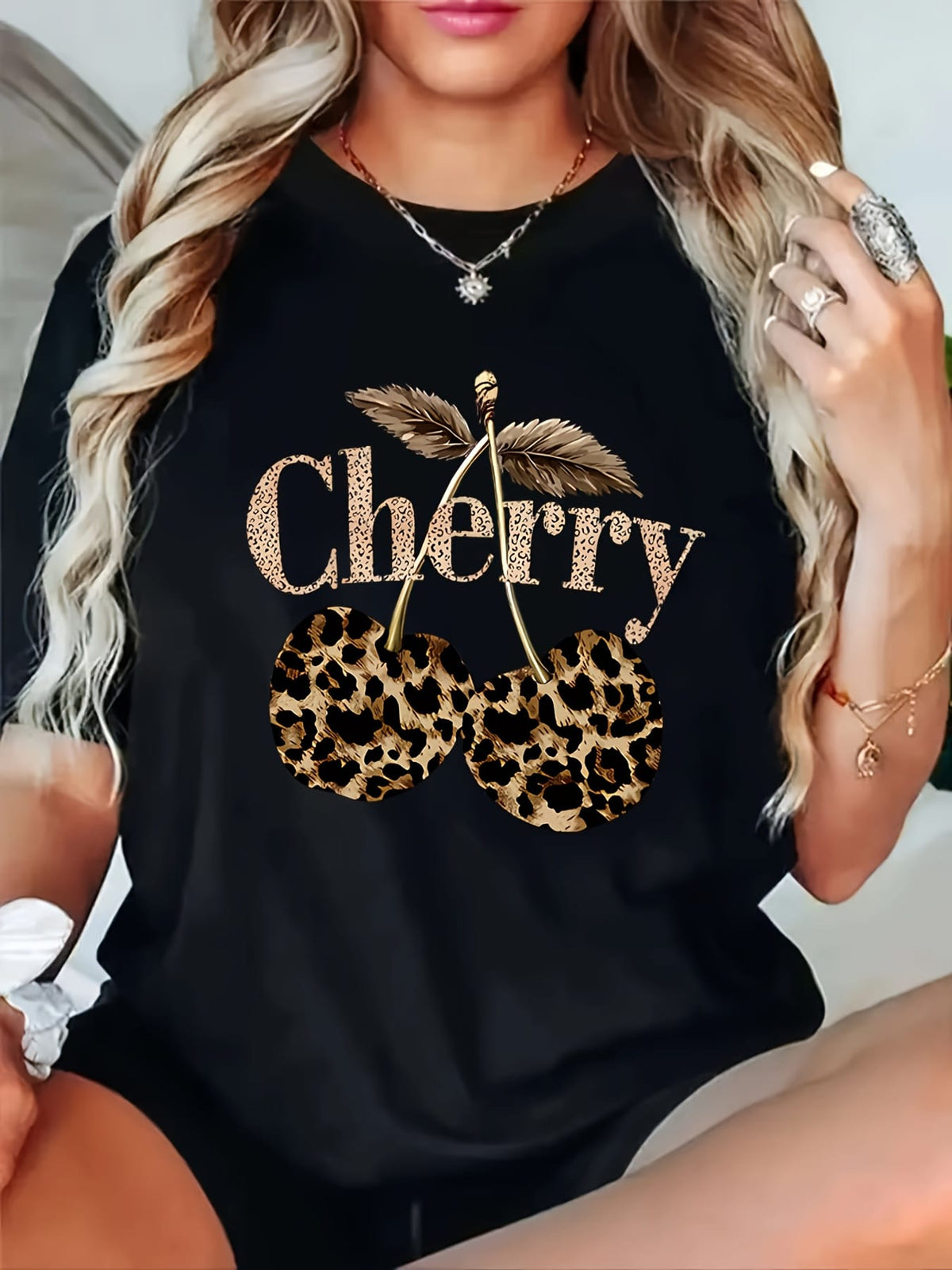 KissICON Plus Size - Plus Size - Plus Size Women'S Cherry Print T-Shirt - Casual Short Sleeve Crew Neck, Stretchy Fabric, Spring/Summer/Fall Fashion Top with Leopard Print Design, Casual Wear | Leopard Print Top | Stretchy Fabric Shir