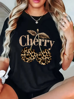 KissICON Plus Size - Plus Size - Plus Size Women'S Cherry Print T-Shirt - Casual Short Sleeve Crew Neck, Stretchy Fabric, Spring/Summer/Fall Fashion Top with Leopard Print Design, Casual Wear | Leopard Print Top | Stretchy Fabric Shir
