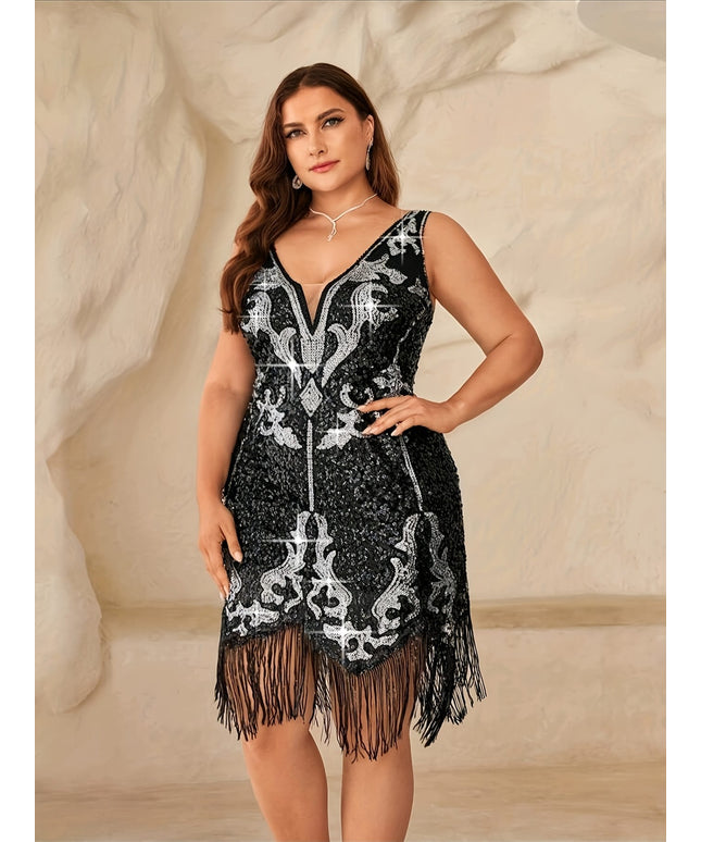 jkthpu-45 Plus Size - Plus Size - Plus Size, Women'S Dress: Luxurious, Exquisite, Charming, Retro, Sexy Silvery Sequin, Sapphire Blue, Stretchy, Heart Neckline, Deep V-Neck, High Waist, Bodycon Skirt with Asymmetrical Hem and Tassels - Perfect for Music Festivals,