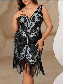 jkthpu-45 Plus Size - Plus Size - Plus Size, Women'S Dress: Luxurious, Exquisite, Charming, Retro, Sexy Silvery Sequin, Sapphire Blue, Stretchy, Heart Neckline, Deep V-Neck, High Waist, Bodycon Skirt with Asymmetrical Hem and Tassels - Perfect for Music Festivals,